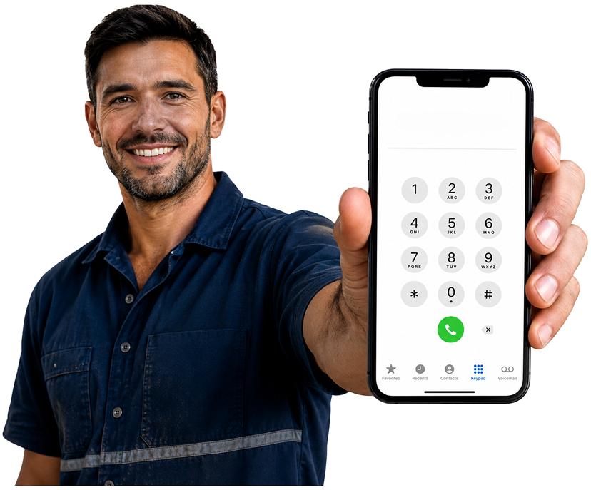 Lane Cove Blocked Drains plumber holding a phone — call 1300 261 965
