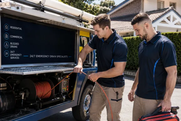 Two plumbers working on a blocked drain in Lane Cove
