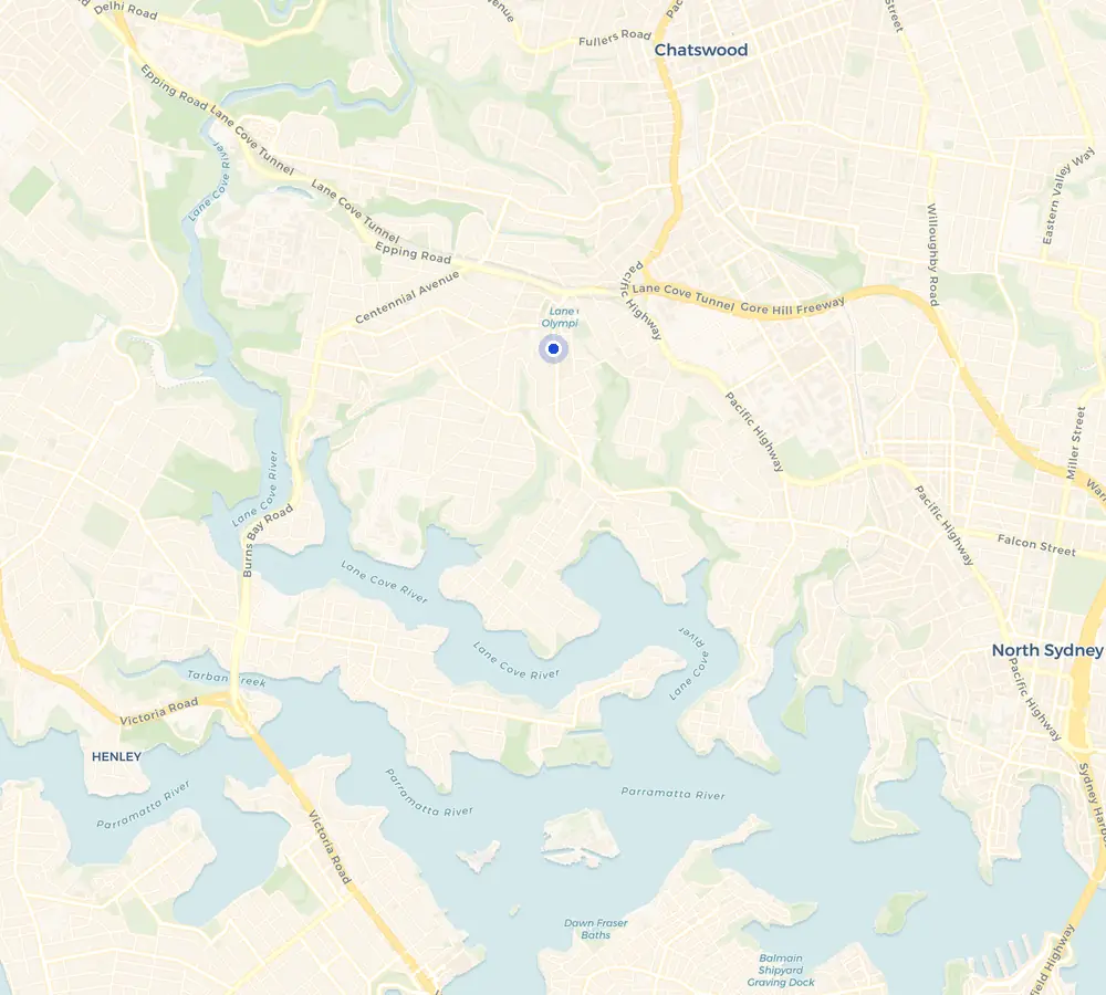 Map of the Lane Cove service area and the surrounding Lower North Shore, showing Lane Cove and the nearby streets we cover.