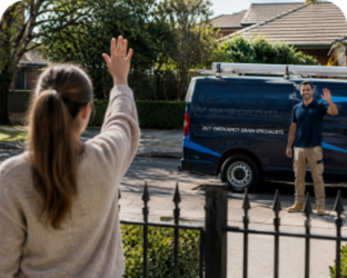 Customer waving goodbye to a Lane Cove Blocked Drains plumber